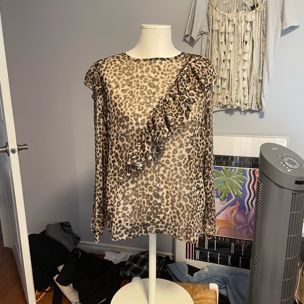 Topshop leopard asymmetrical ruffled sheer blouse